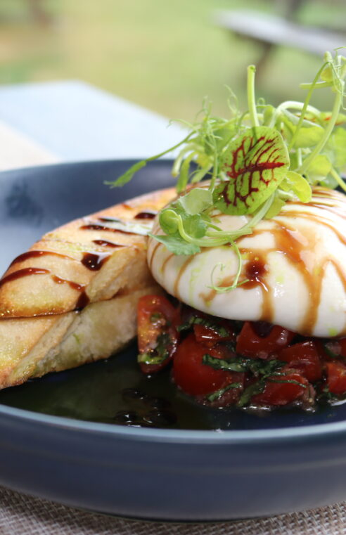 Fresh burrata salad with tomatoes and crusty bread, elegantly plated at Balmacara hotel restaurant.