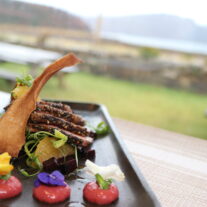 Gourmet dish with vibrant decorations served outdoors overlooking serene landscape.