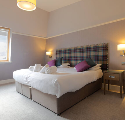 Elegant hotel room with a large bed, tartan headboard, and scenic window view.