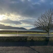 View of a serene loch with a bare tree, mountains, and sunlit clouds in Balmacara.